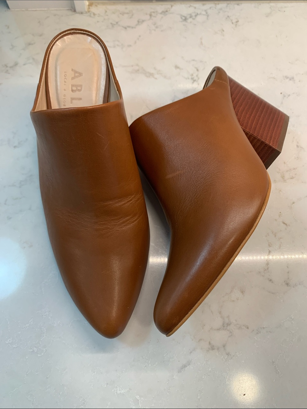 Able Tan Leather Heel Mule Clogs Size 8.5